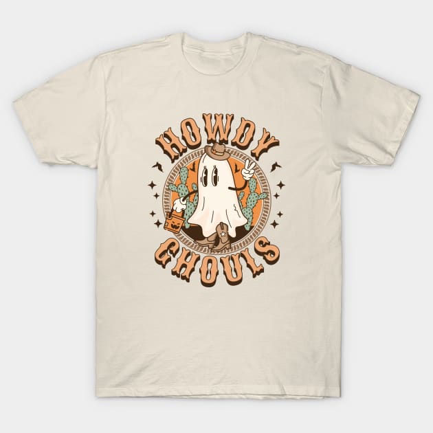 Howdy Ghouls Western Halloween Ghost Spooky Season Retro T-Shirt by OrangeMonkeyArt